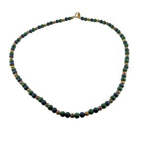 Malachite Azurite Beaded Necklace with Gold Tone Spacer Beads 18 Inch